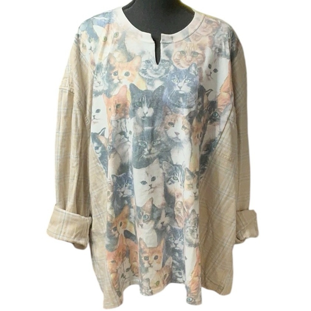 Cat Theme T Shirt Flannel Upcycled Top